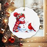 Christmas Snowman Cardinal Ornament – Ceramic Hanging Decoration for Christmas Tree, Cute Winter Snowman with Red Cardinal, Holiday Home Décor & Gift