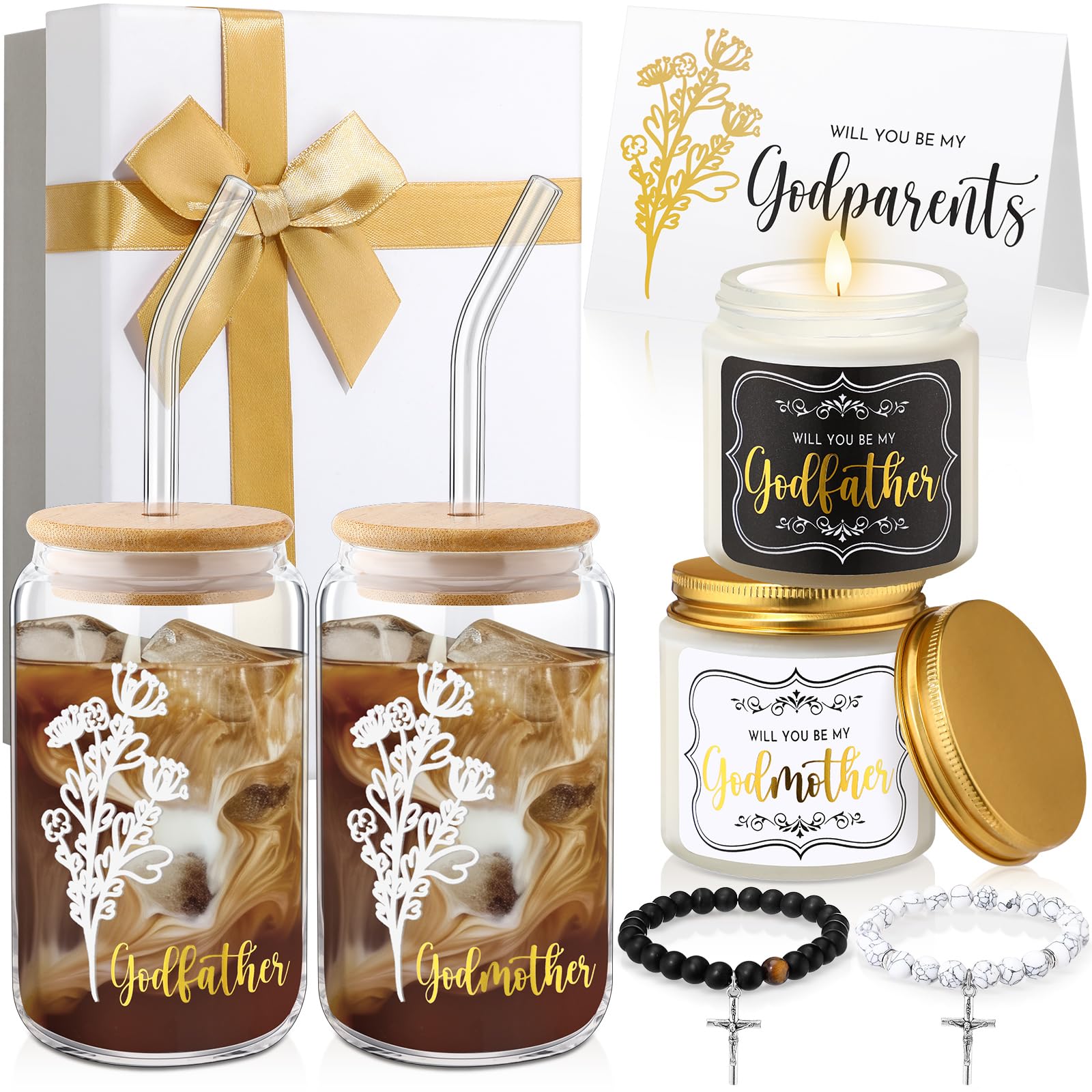 Photo 1 of Yiyiring 9 Pcs Godparents Proposal Gift Set Will You Be My Godmother Godfather Glass Cup Scented Candle Cross Bracelet Cards Box from Godchild Baptism Padrino Madrina Gifts(Classic Style)