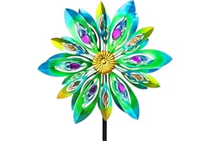VEWOSTAR 53 Inch Wind Spinner - Outdoor Metal Peacock Wind Sculptures for Garden, Patio, Yard, Lawn Decorations Double Windmill Spinner