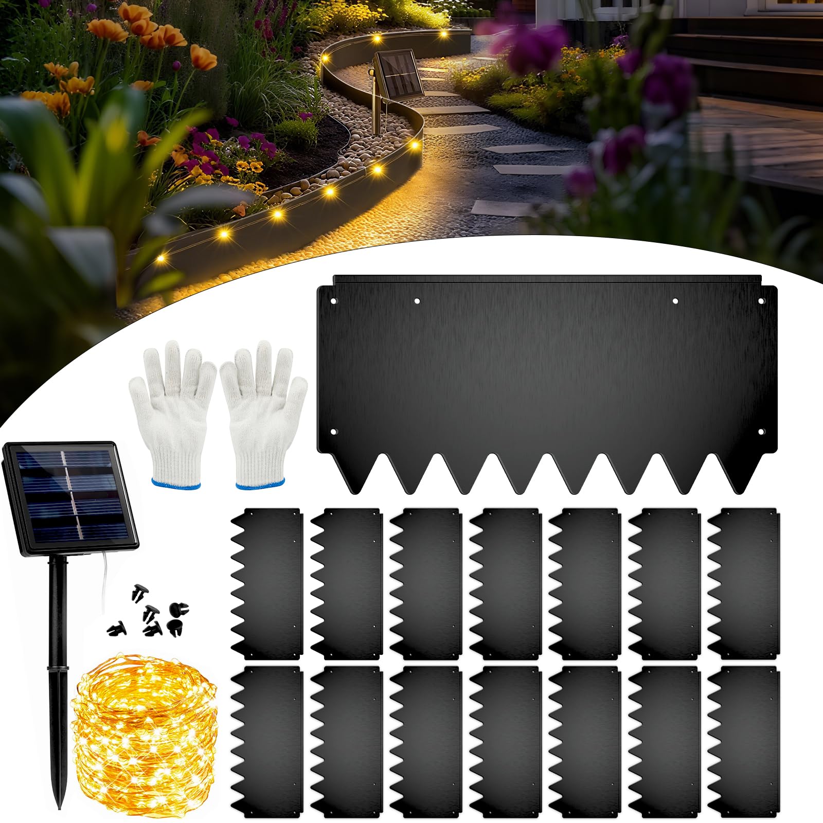 Photo 1 of ?2025 New? 21ft. Metal Landscape Edging with Lights 15 Pack - 16.5"x8" Galvanized Steel Garden Border with Rolled Top & Curved Serrations - Flexible Bendable Rustproof Edging for Lawn Flower Bed Yard