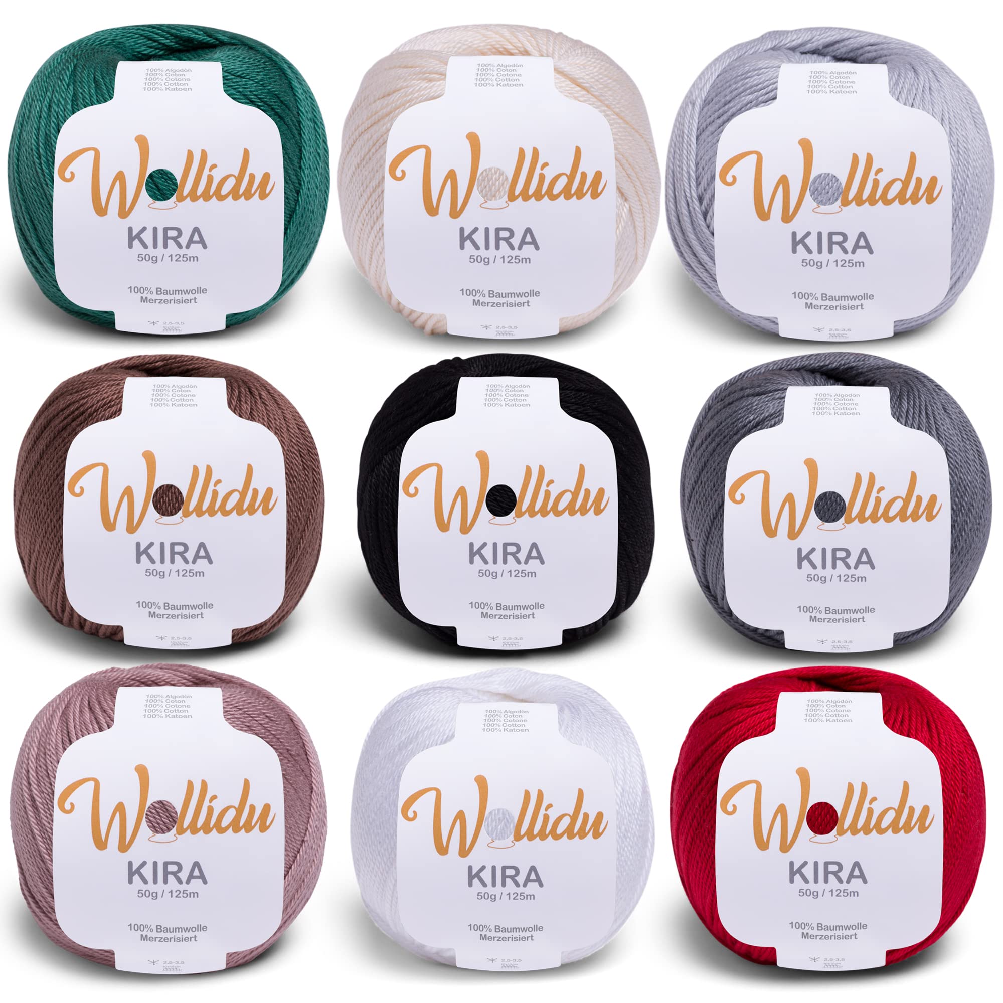 Wollidu Kira 100% Cotton for Knitting and Crocheting, 9 x 50 g Set, Crochet Yarn, Knitting Yarn, Colourful, Colour Mix 2
