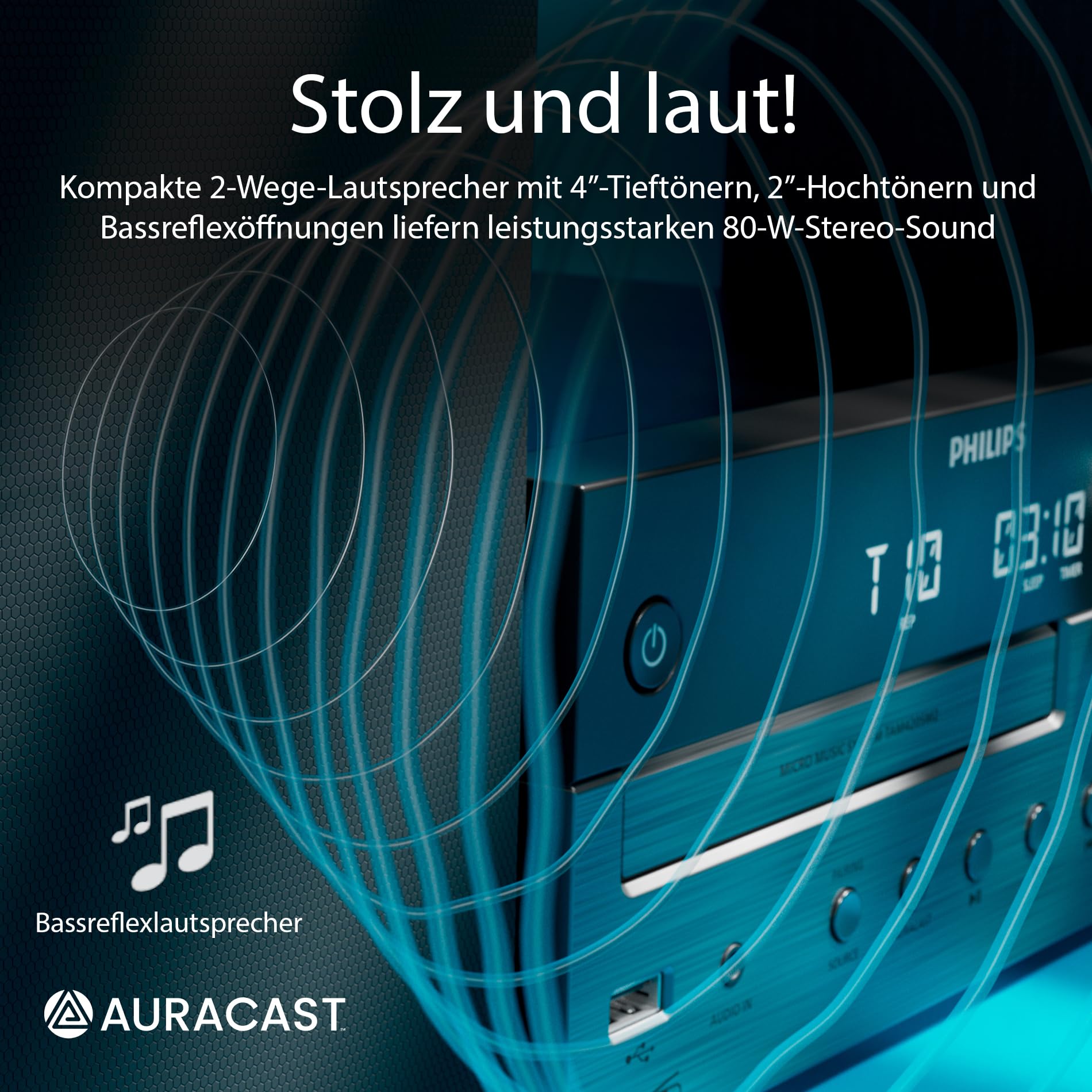 Philips TAM4555 Mikro-Hi-Fi-Anlage – 100 W, Bassreflex, DAB+/UKW, CD, USB, Audio-Eingang, Bluetooth 5.4, Auracast, Fernbedienung, digitale Soundvoreinstellungen, umweltfreundliche Verpackung 6