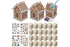 DoubleFill 24 Pack Wood Gingerbread House DIY Craft Kit for Kids DIY Christmas Village Houses to Build & Paint with Watercolor Pens & 3D Puffy Stickers & Jute Twines for Xmas Wood Unfinished Crafts