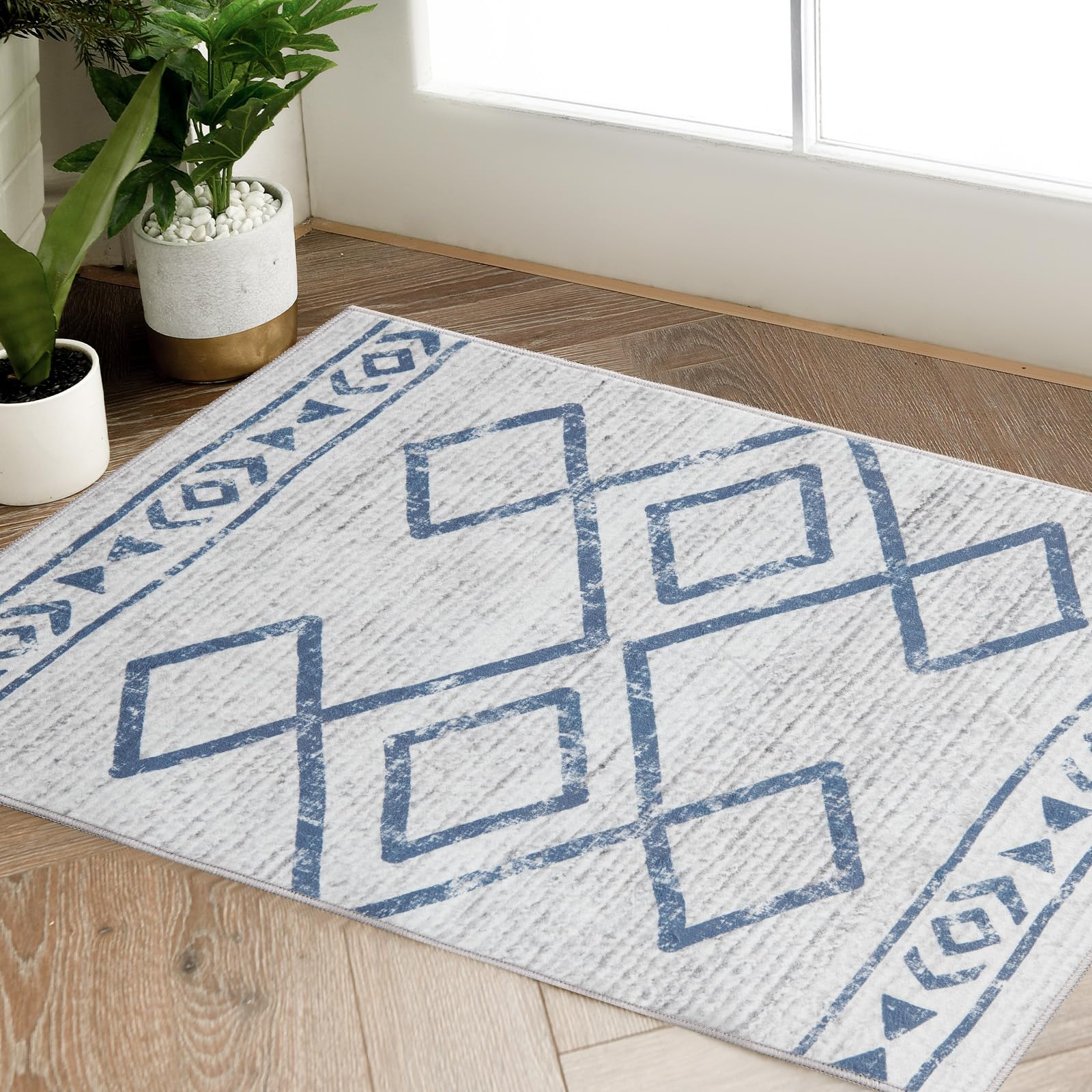 Photo 1 of jinchan Moroccan 2x3 Rug for Entryway - Machine Washable Rug Geometric Kitchen Soft Faux Wool Non-Slip Indoor Doormat Ultra-Thin Carpet for Entrance Bathroom Bedroom Living Room (2x3ft,Blue)
