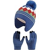 AWAYTR Kids Winter Hats and Gloves Sets - Beanie Hat with Pom Pom and Gloves Set for Toddler Boys and Girls Warm Earmuff