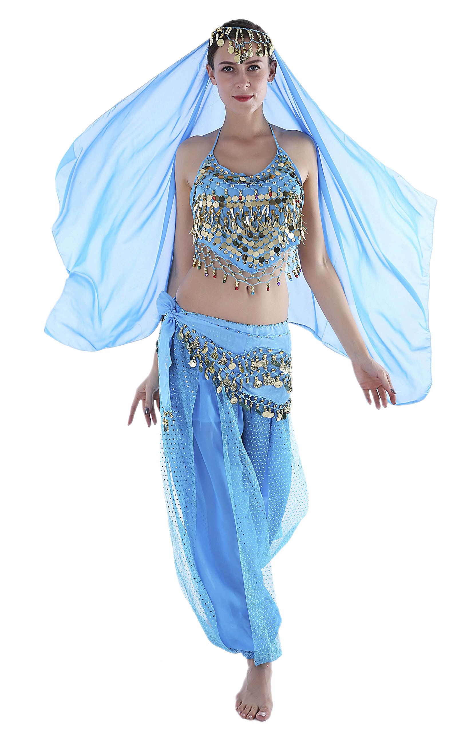 Seawhisper Genie Costumes Halloween Carnival Adult, fit 8-10-12-14-16, Sky Blue 5-piece