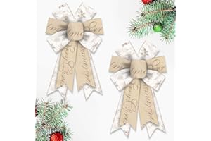 Blinket 2pcs Christmas Bows for Wreath, 8.46 inch × 12.99 inch Beige and White Bow with Merry Christmas and Snowflake Design, Wired Craft Bow for Holiday Tree Topper, Front Door, Indoor Decor