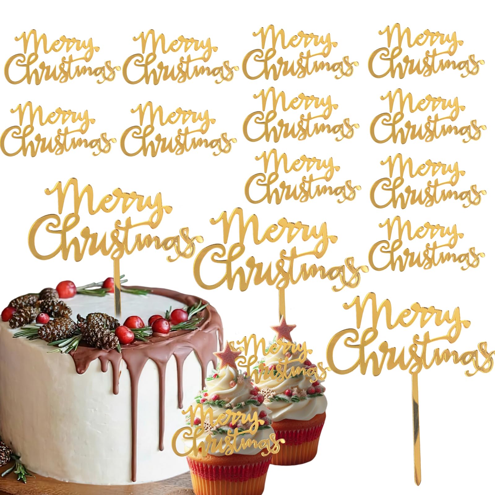 Photo 1 of 12 Pcs Christmas Cake Toppers Acrylic Mirror Merry Christmas Cupcake Topper for Winter Xmas Holiday Party Supplies (12, Gold)