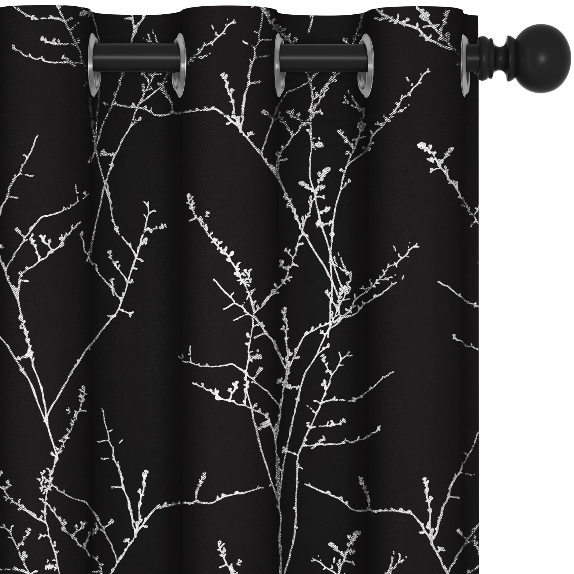 Deconovo Black Blackout Curtains, Thermal Insulated Soundproof Privacy Curtain Drapes, Branch Foil Print, 42 x 72 Inch Long, 2 Panels, Machine‑Washable Window Panel for Bedroom Living Room Office Home Image