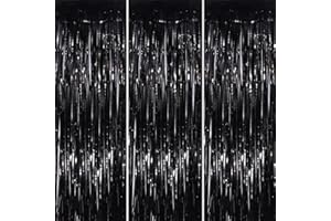 YEURFONTASY Black 3 Pack Metallic Tinsel Foil Fringe Curtains, 3.3x8.3 Feet Black Streamers Backdrop for Party, Door Streamers Party Decorations, Party Streamers for Birthday Christmas Party Decorations