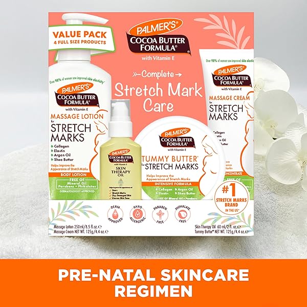 PALMER’S COCOA BUTTER FORMULA PREGNANCY SKIN CARE KIT FOR STRETCH MARKS AND SCARS, DERMATOLOGIST APPROVED, GIFT FOR MOM TO BE, 4 PIECE FULL SIZE SET
