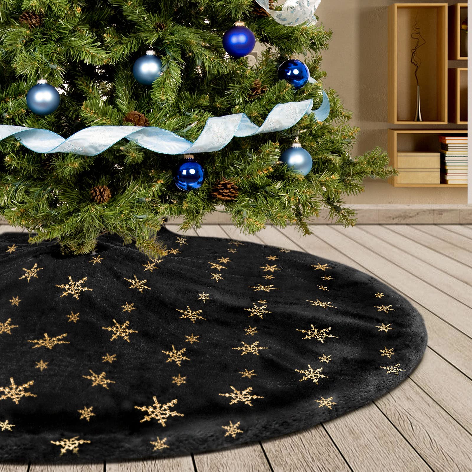 Deggodech 90cm Faux Fur Christmas Tree Skirt Base Cover with Gold Sequin Snowflake Black Plush Xmas Tree Skirt Mat for Christmas New Year Party Holiday Decorations