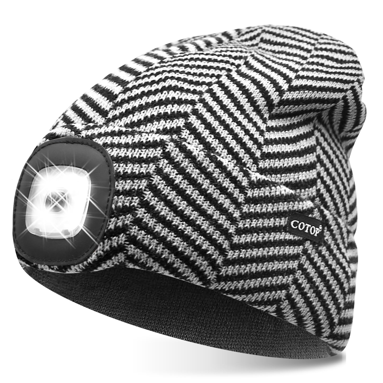 COTOP LED Beanie with Light,USB Rechargeable Hat Hands Free 4 LED Headlamp Cap Winter Knitted Night Lighted Hat Flashlight Women Men Gifts for Dad Him Husband (Black White Stripes)