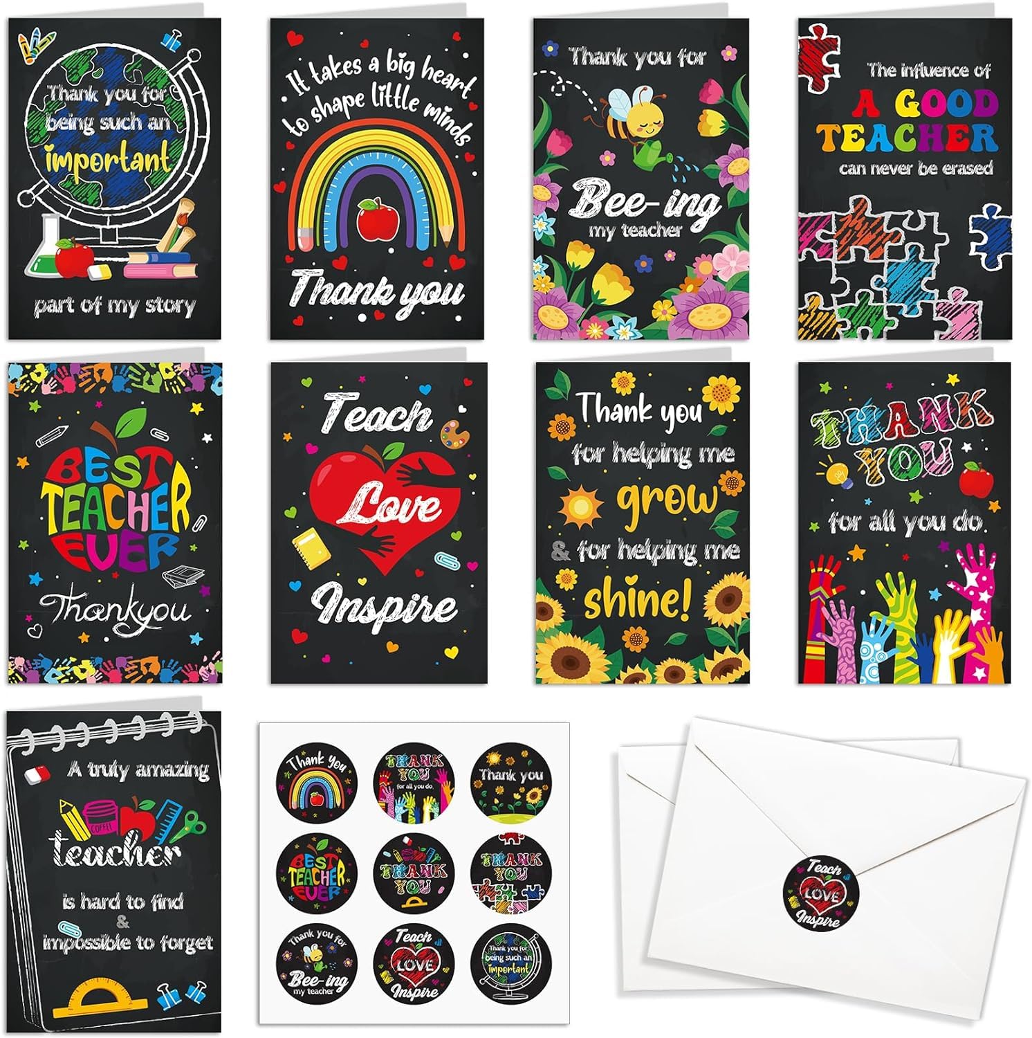 DPKOW Thank You Teacher Cards Multipack, Best Teacher Cards Thank You Teacher Greeting Cards with Envelopes, 9 Style Black Thank You Teacher Gifts Cards for Teachers with Thank You Teacher Stickers