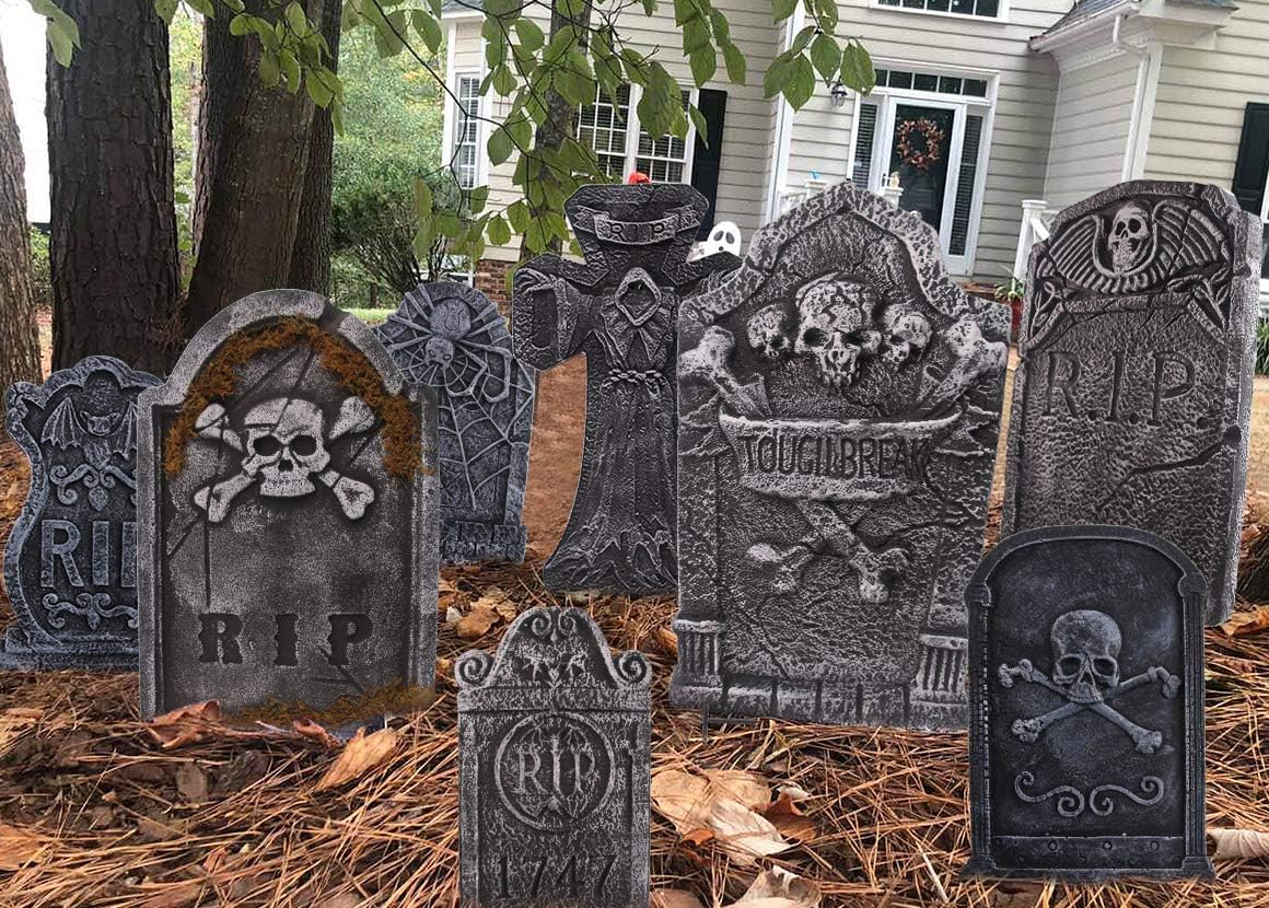 Yard Signs - 10 Pack Halloween Decorations Foam Tombstones Graveyard Headstone with 6 Plastic Stakes for Halloween Yard Decorations, Lightweight RIP Tombstone for Halloween Outdoor Lawn Yard Garden Decor