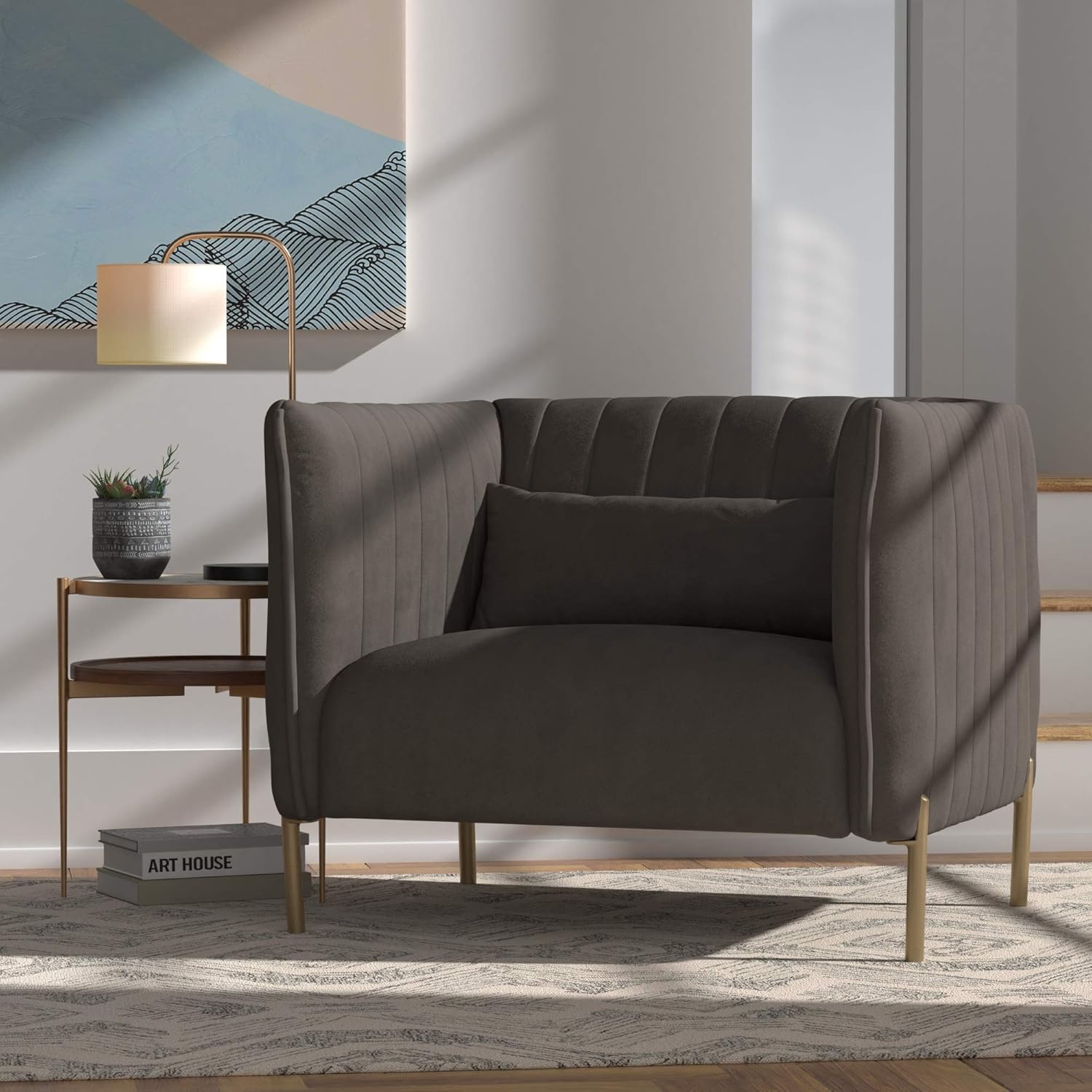  Brand – Rivet Frederick Mid-Century Channel Tufted Velvet Living Room Chair, 38"W, Grey: Furniture & Decor