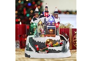 Vipush Christmas Village House Decorations Resin Little Train Home Decor Indoor Building Figurines Revolving Train with LED Light and 8 Christmas Music for Kids