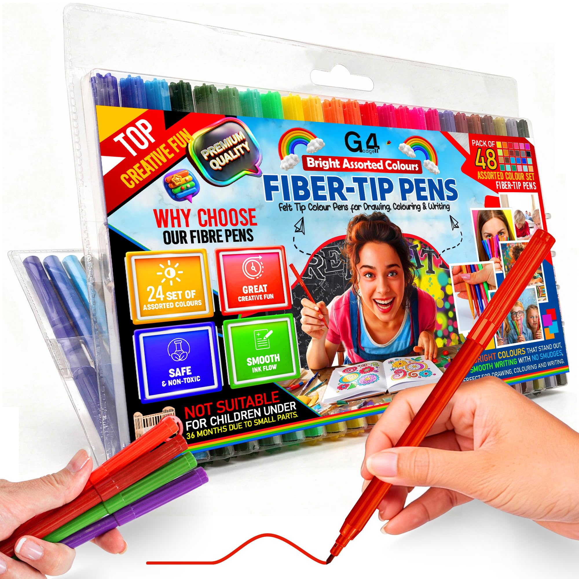 G4GADGET 48 Fine Tip Felt Tip Pens for Adults & Kids – Non-Toxic Colouring Pens Set, Vibrant Coloured Markers for Drawing, Journaling, Art & School – Smooth Writing Colour Pens for Craft & Sketching