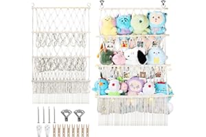 iHansee 3 Tier Stuffed Animal Storage Shelf Net, 24x39 Inch Large Plushie Net w/LED Light & Clips for Mini Medium Stuffy Teddy, Beige Boho Macrame Wall Toy Holder Display for Nursery Kids Girls Boys