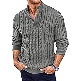 Runcati Mens Cable Knit Pullover Sweater Casual Stand Collar Chunky Buttons Fall Winter Sweaters