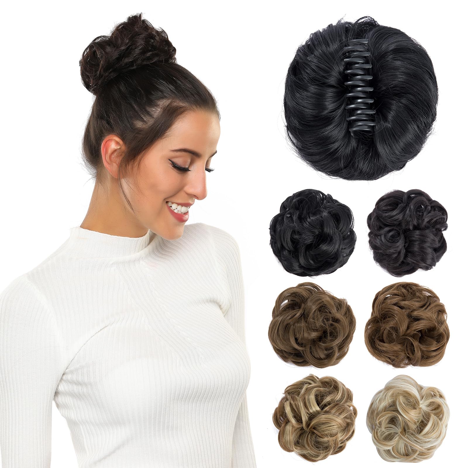 Yamel Messy Bun Hair Pieces for Women Claw Clip Hair Bun Extension Black Tousled Space Updo Synthetic Donut Curly Scrunchie
