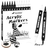 Pagather Black White Acrylic Paint Markers, 12 Dual Tip Fine Brush Pens | For Fabric, Stone, Wood, Canvas, Ceramic, Metal &amp; Glass, Classic Colors with Smooth Coverage for Artwork