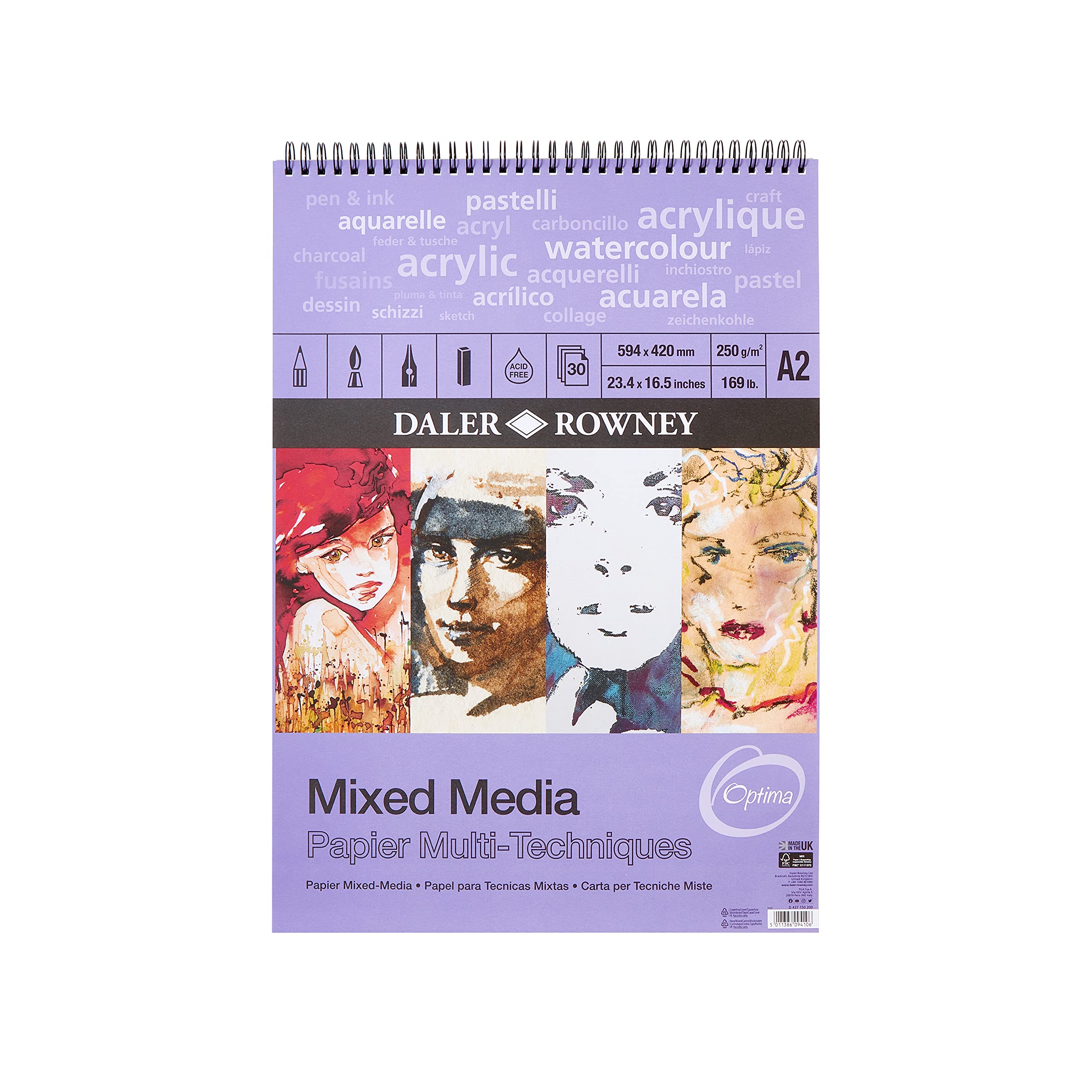Daler-Rowney Optima Mixed Media Lightly Textured 1.4mm Thick A2 Art Board Pad, Glued 1 Side, 10 White Sheets, Ideal for Professional Artists & Students
