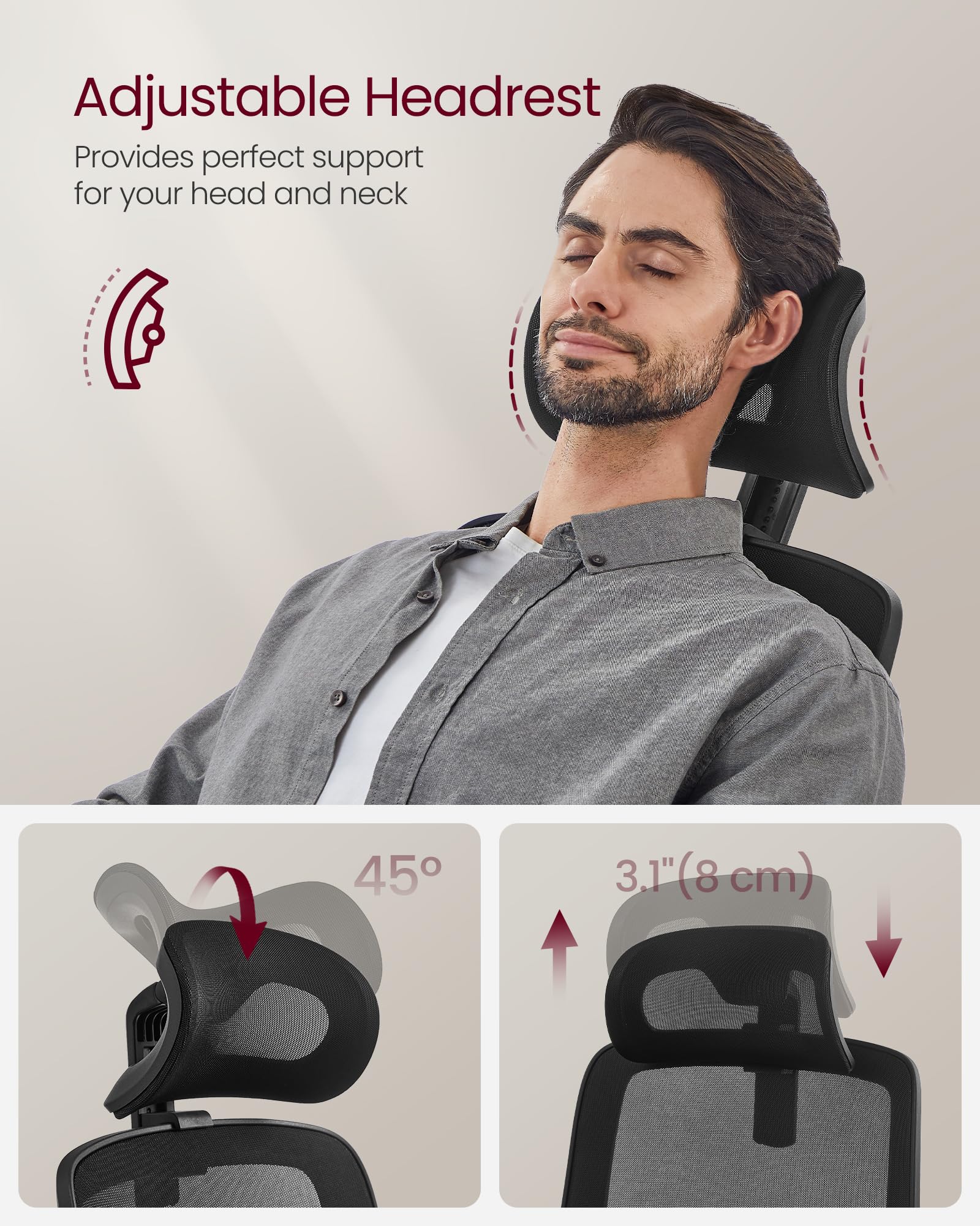 VASAGLE Office Chair, High Back Mesh Chair for Computer Desk, Adaptive Lumbar Support, Ergonomic, Foldable Armrests, Adjustable Headrest, Tilt Function, for Home Office, Ink Black UOBN040B21