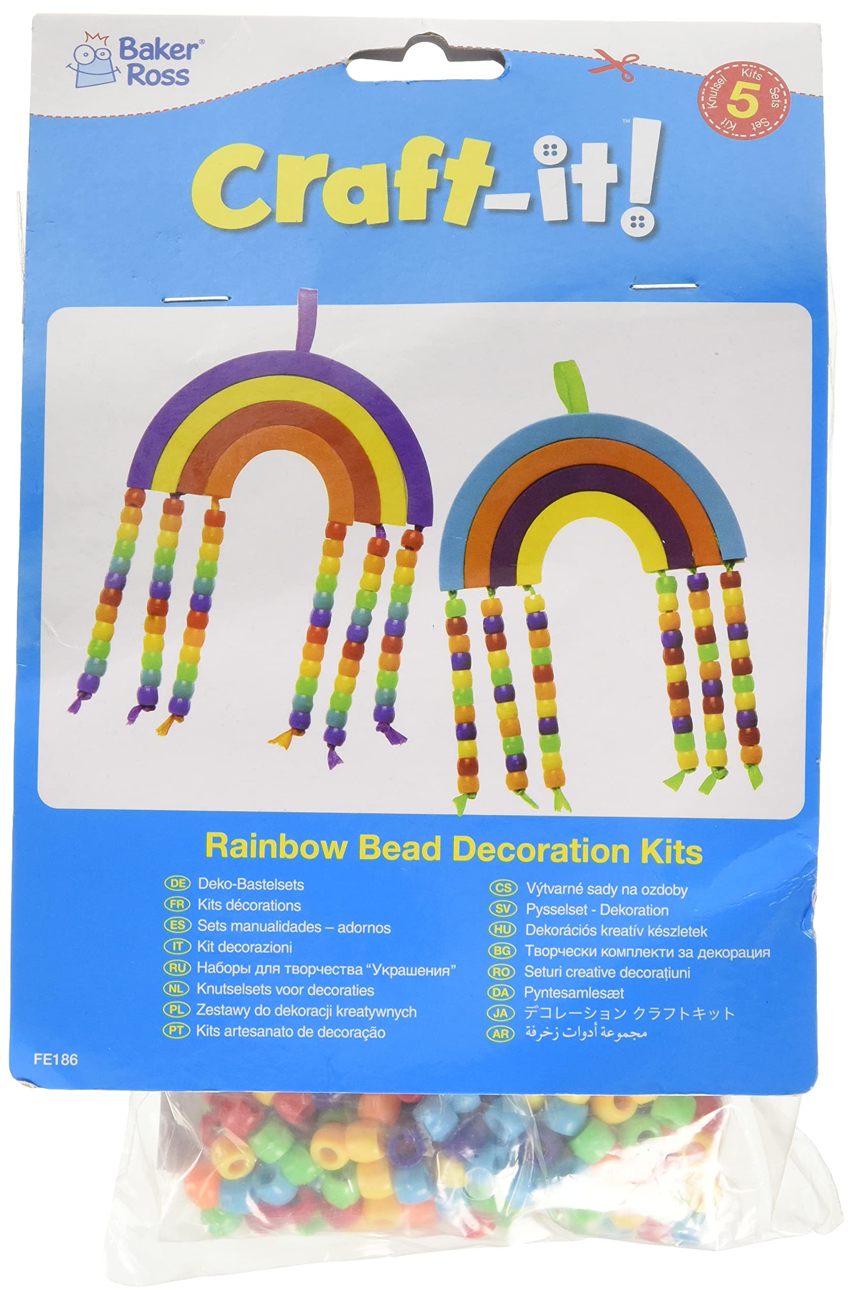 Baker Ross FE186 Rainbow Bead Decoration Kits - Pack of 5, Creative Art And Craft Actvities For Kids To Make And Decorate
