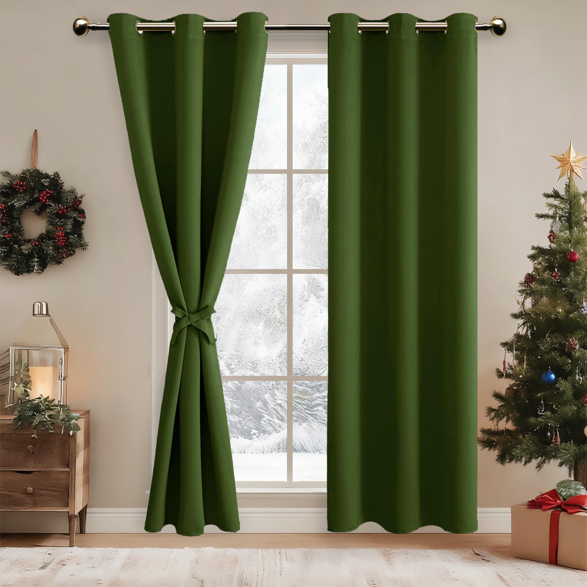 DWCN Green Blackout Curtains with Tiebacks for Bedroom Thermal Insulated Solid Eyelet Curtains for Living Room,2 Panels,46" Wide x 90" Drop