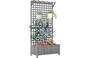 Outsunny Raised Garden Bed, Wood Planter with Trellis for Vine Climbing, Privacy Screen Planter Box to Grow Vegetables, Herbs
