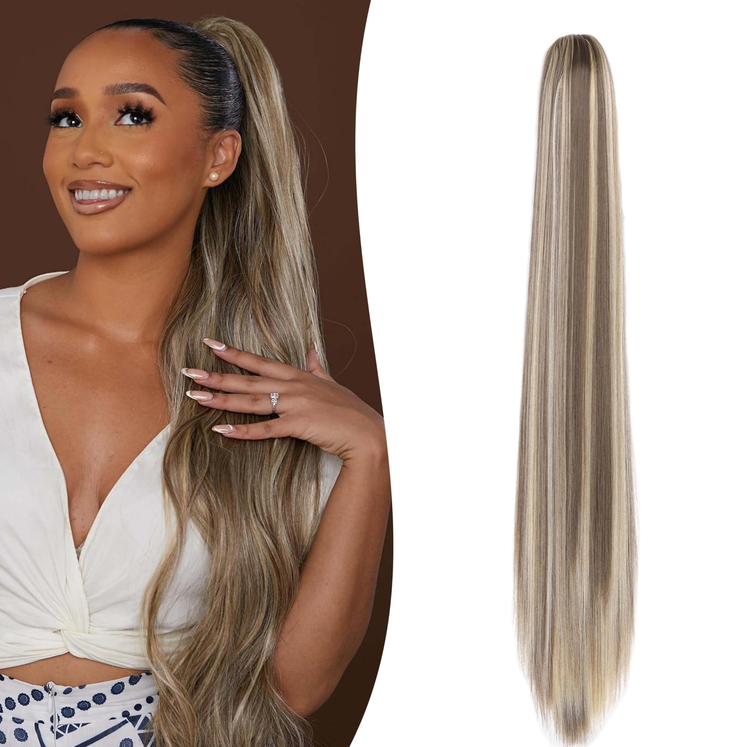 Gairyan Clip in Ponytail Hair Extensions 24 inch Ponytail Extension Long Straight Pony Tails Claw on Ponytail Synthetic Hairpieces for Women Soft Natural Look (Ash Blonde & Bleach Blonde)