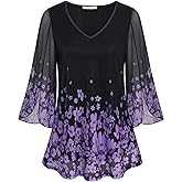 Bebonnie Womens Ruffle 3/4 Sleeve V Neck Double Layers Mesh Blouses Loose Fit Flowy Tunic Tops