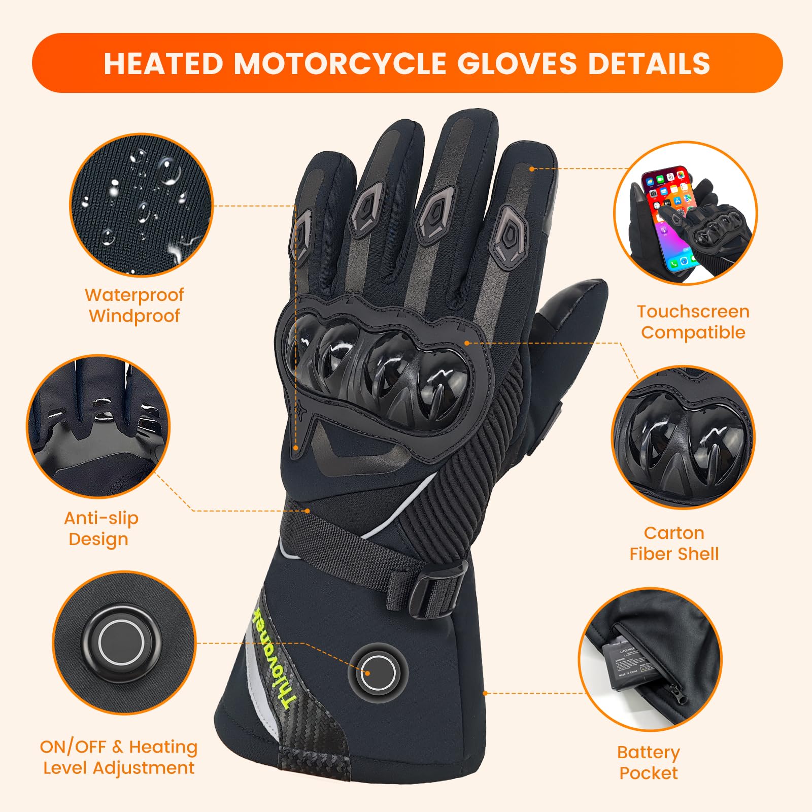 Heated Motorcycle Gloves for Men Women Waterproof Winter Rechargeable Gloves Windproof Motorcycle Riding Winter Thermal Glove Electric Heating Glove for Cycling Skiing Snowboarding Motorcycle Racing