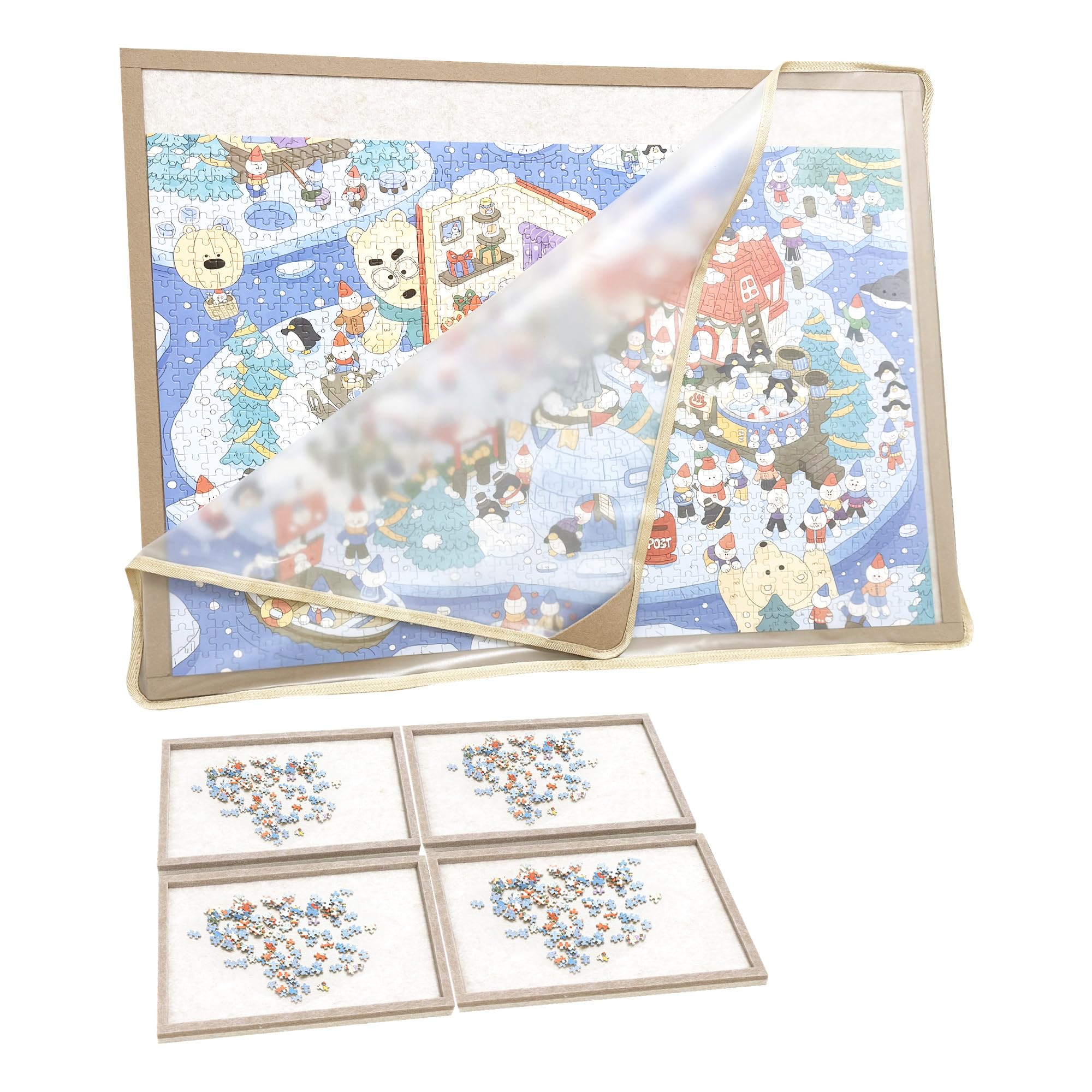 Photo 1 of 1000 Pieces Puzzle Board with 4 Sorting Trays & Protective Cover, 31.5" x 23.6"Portable Foldable Felt Puzzle Playing Surface - Lightweight Storage & Game Night Organizer