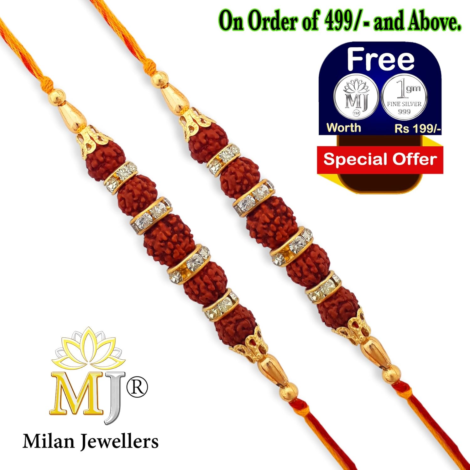 milan jewellers designer orignal rudraksh rakhi for brother (pack of 2)