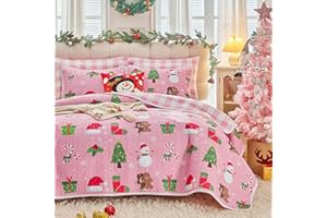 Joyreap 3pcs Christmas Quilt Set Queen, Gingerbread Man Pink Design for Girls, Lightweight Microfiber Bedspread Coverlet for All Season- 88x88 inches