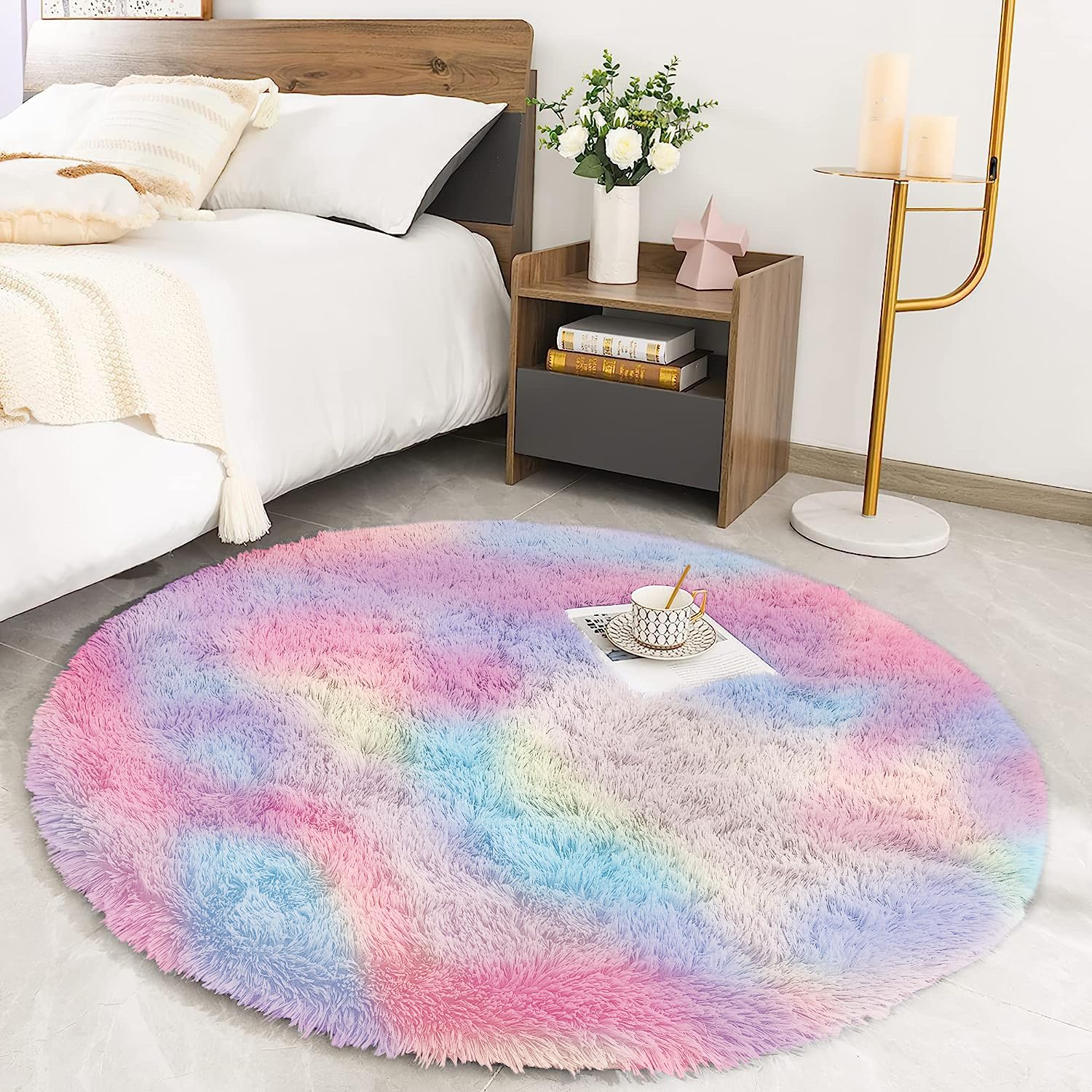 MOONLIGHT20015 Round Rugs Living Room –Rainbow Area Rugs for Bedroom 120x120cm Anti Slip – Modern Super Soft Thick Pile Fluffy Shaggy Rug - Plush Carpet Non Shedding Easy To Clean