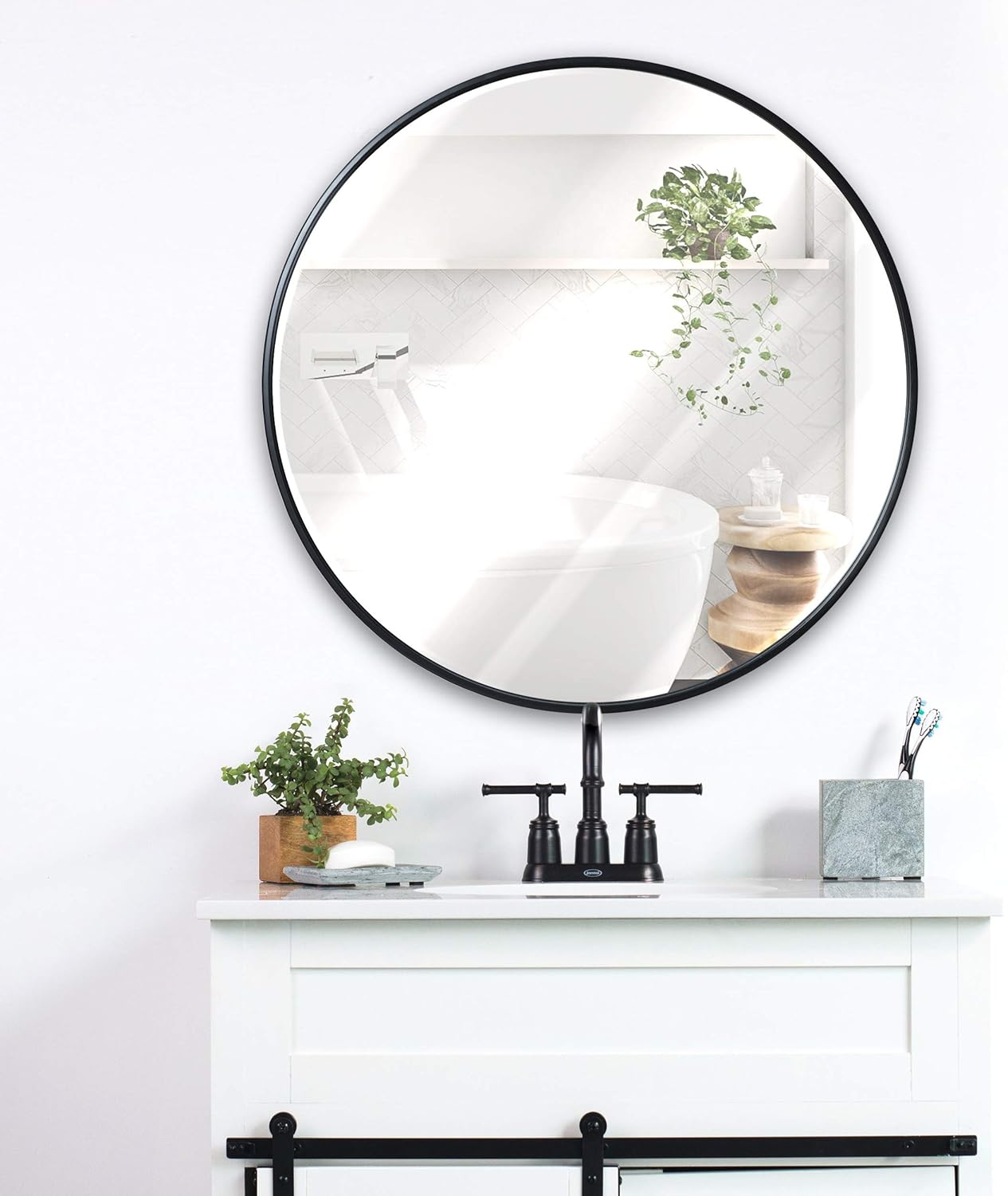 Black Round Wall Mirror - 24 Inch Large Round Mirror, Rustic Accent Mirror For Bathroom, Entry, Dining Room, & Living Room. Metal Black Round Mirror For Wall, Vanity Mirror Large Circle Wall Mirror: Home & Kitchen