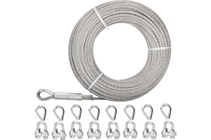 MARIOCSA 5/16 Stainless Steel Cable 125FT, 7x19 Strands Aircraft Cable, 9000 lbs Breaking Strength Stainless Steel Wire Rope with M8 Wire Rope Clip Clamp and Wire Rope Cable Thimbles for Boat Lift Cable