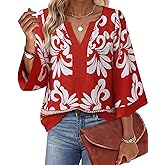 Bebonnie Women Blouses Dressy Casual 3/4 Sleeve V Neck Floral Loose Fit Tunic Tops