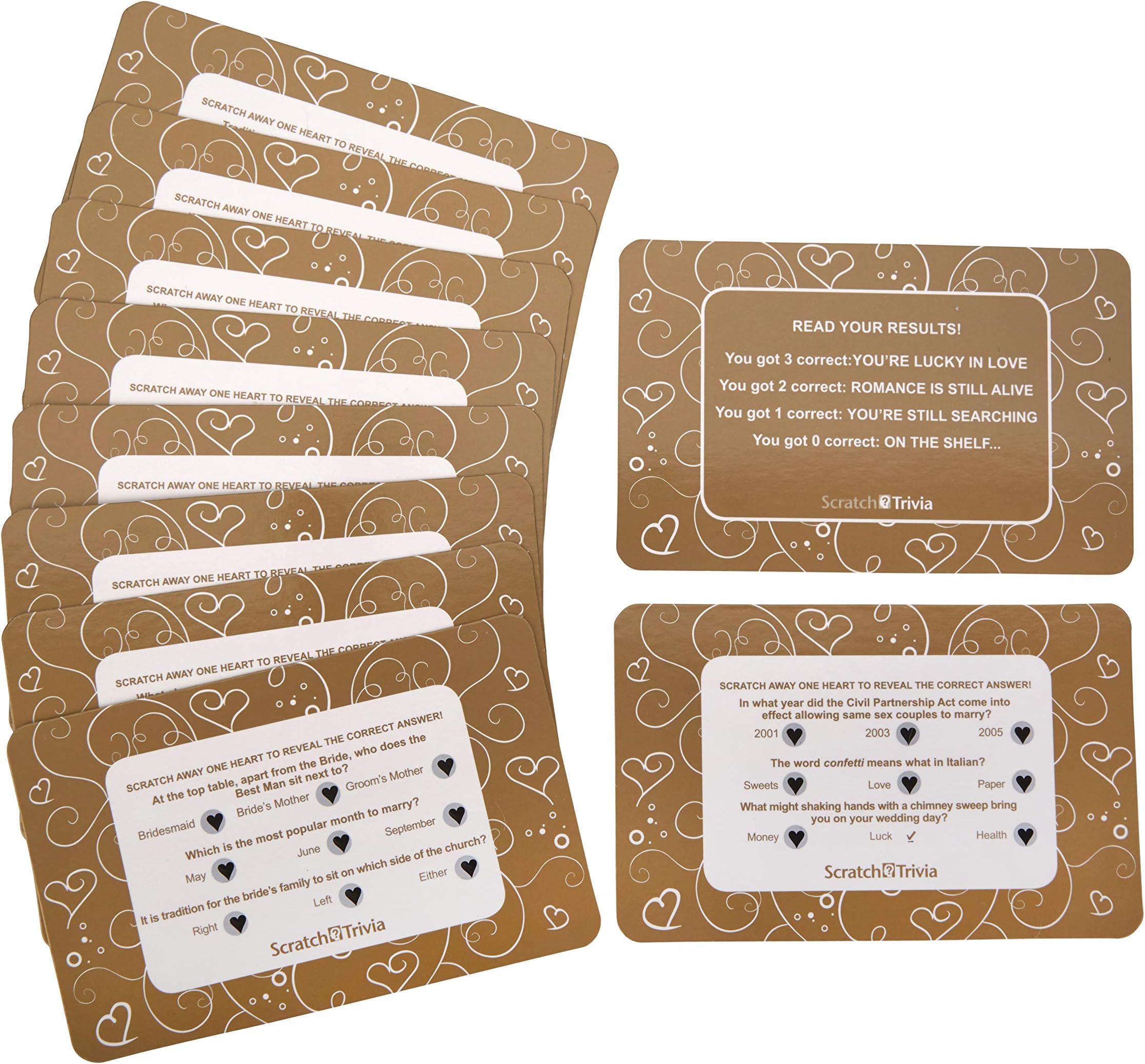 Neviti Wedding Scratch Trivia Ice Breaker Table Game -Heart Design - Gold - Pack of 10