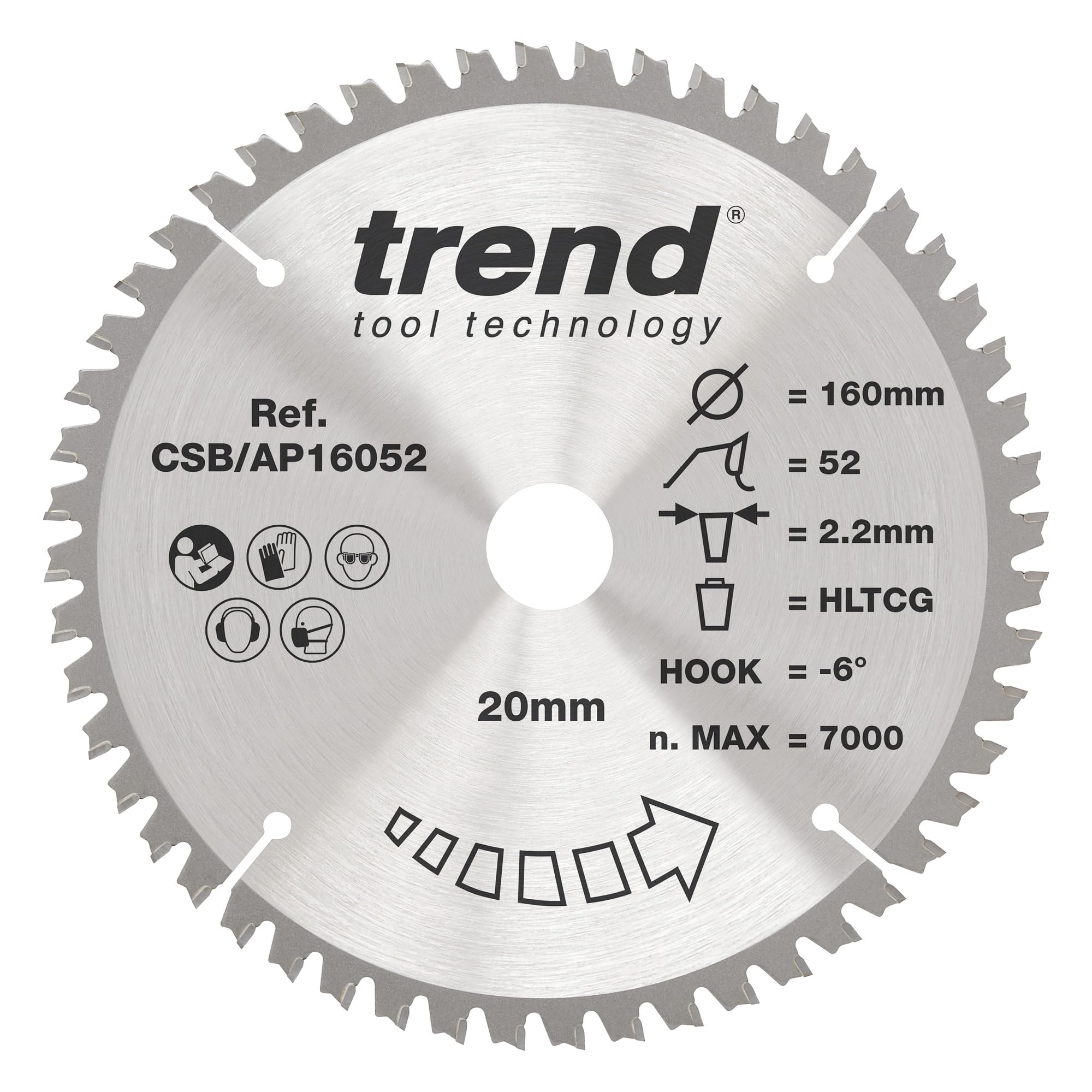 Trend Aluminium & Plastic Circular Saw Blade, 160mm Diameter, 20mm Bore, 52 Teeth, 2.2mm Kerf, -6° Hook, TCT, Extra-Fine Finish, CSB/AP16052