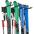 Ski Wall Rack, Holds 4 Pairs of Skis & Skiing Poles or Snowboard, for Home and Garage Storage, Wall Mounted, Heavy Duty, Adjustable Rubber-Coated Hooks
