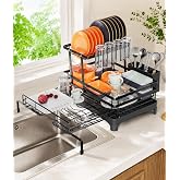 Hanyi 2-Tier Expandable Dish Drying Rack for Counter and Over Sink | Large-capacity rack with foldable upper tier, 15.7-26.4 in over-sink extension, automatic drainage and rust-resistant frame