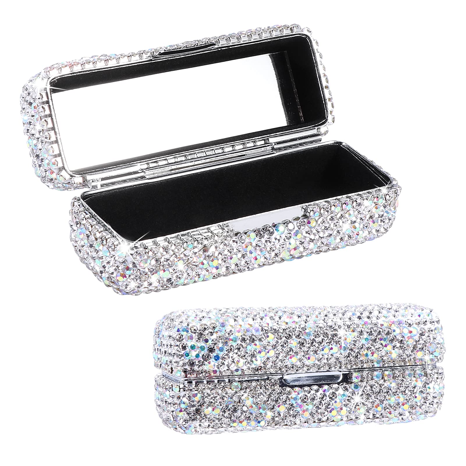Photo 1 of Homfanseec Rhinestone Lipstick Case with Mirror, Bling Crystal Lipstick Case Diamonds Makeup Cosmetic Storage Box Holder for Purse Ladies Fashion (Silver Color)