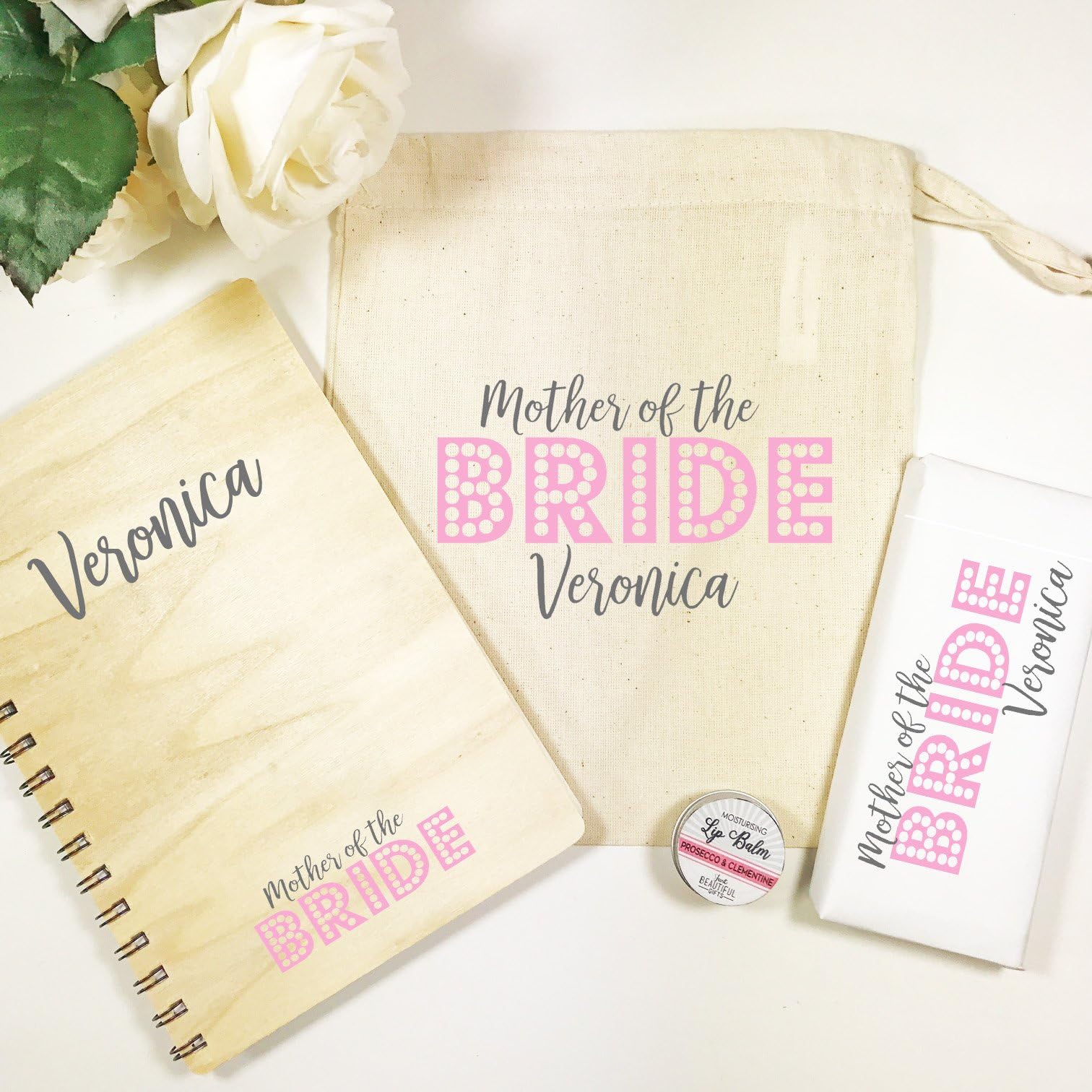 Personalised Wooden Wedding Day Party Plan Notebook Gift Set Chocolate, Lip Balm and Gift Bag Mother of the Bride