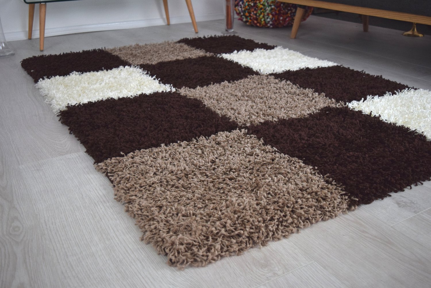 Bravich RugMasters Large Brown Beige and Ivory Checked Pattern Geometric Square Design Mix Super Soft High Deep Pile Luxury Shaggy Area Rug/Living Room Rug Carpet 120 x 170 cm (4' x 5'6)