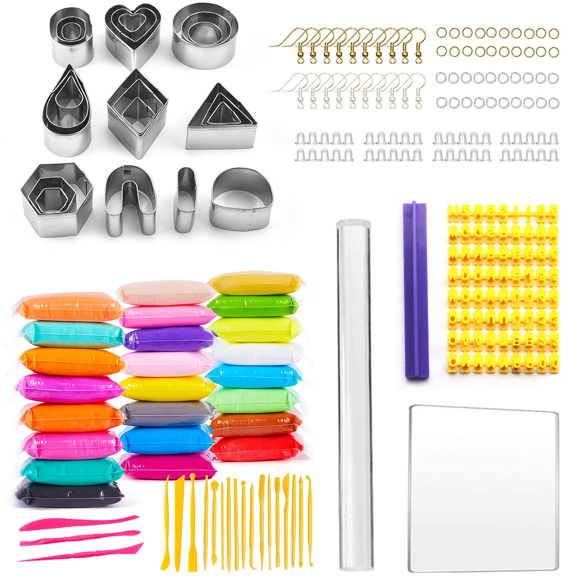 Allazone 368 Pcs 24 Polymer Clay Earring Cutters, Air Drying Paste for Jewelry Making
