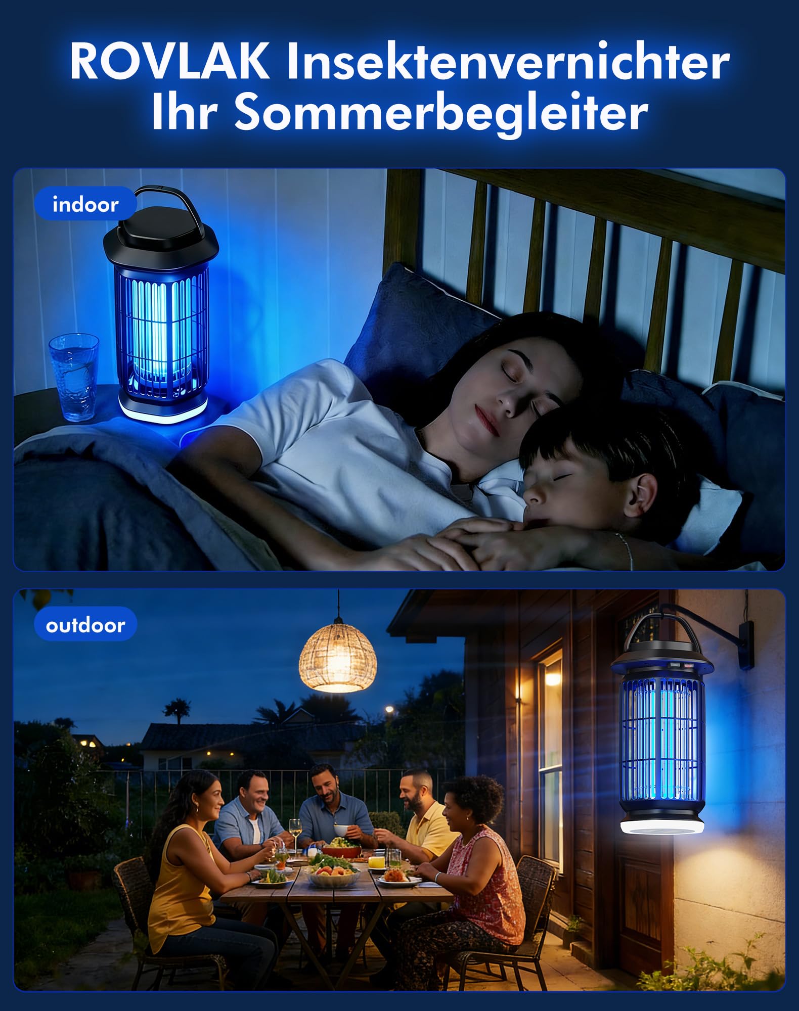 ROVLAK Insektenvernichter Elektrisch mit LED Licht, 4000V Mückenlampe Innen & Außen, 365nm UV Mückenfalle, IPX4 Wasserdicht, 100㎡ Abdeckung Fliegenfalle Lampe für Schlafzimmer, Balkon & Camping 9